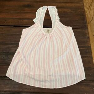 In Bloom by Jonquil Pink White Striped Eyelet Lace Trim Babydoll Camisole Top